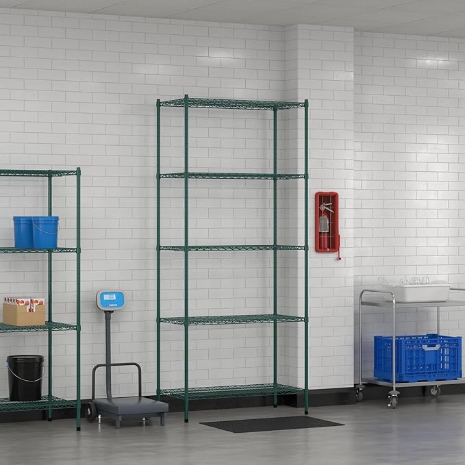 Commercial NSF Listed Green Epoxy Stationary Wire Shelving Kit 21" x 42" x 96", with 5 Shelves Perfect for Warehouse, Walk-in Refrigerator, Freezer, Grocery Store, Restaurant, Dishroom