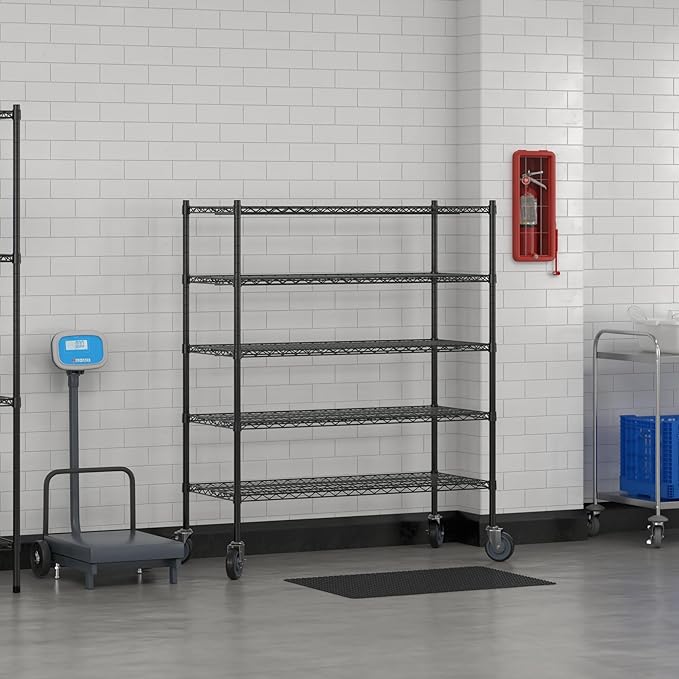 Commercial NSF Listed Black Epoxy Mobile Wire Shelving Kit 21" x 48" x 60", with 5 Shelves Perfect for Warehouse, Walk-in Refrigerator, Freezer, Grocery Store, Restaurant, Dishroom