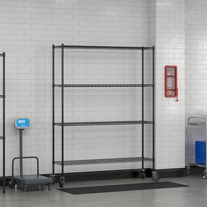 Commercial NSF Listed Black Epoxy Mobile Wire Shelving Kit 14" x 60" x 80", with 4 Shelves Perfect for Warehouse, Walk-in Refrigerator, Freezer, Grocery Store, Restaurant, Dishroom