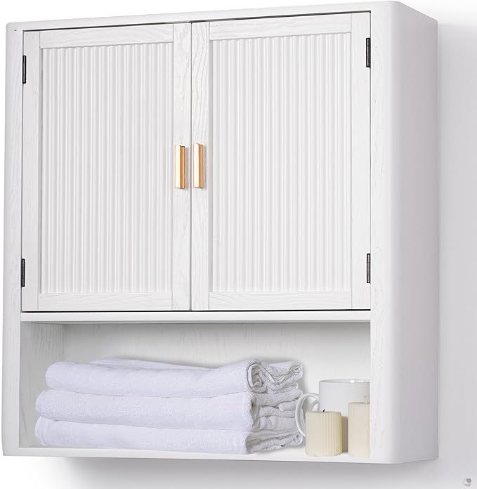 Pre-Assembled Wall Mounted Medicine Cabinet – 2-Door Bathroom Storage Cabinet with Fixed Shelf, Space-Saving Over-The-Toilet Organizer for Small Bathrooms, Living Room, Kitchen or Laundry (White)