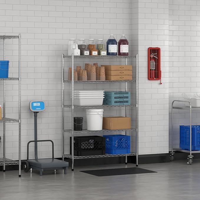 Commercial NSF Listed Chrome Stationary Wire Shelving Kit 14" x 42" x 64", with 5 Shelves Perfect for Warehouse, Walk-in Refrigerator, Freezer, Grocery Store, Restaurant, Dishroom