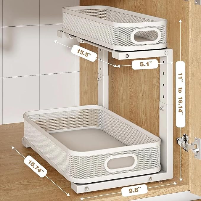 1 Pack 15.7IN-Depth Under Sink Organizer With Smooth Cylindrical Rail,2-Tier Pull Out Multi-Purpose Cabinet Storage for Bathroom&Kitchen,Height Adjustable,Rust-resistant Coating-White