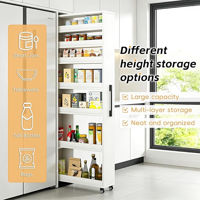 Slim Rolling Storage Cart, Narrow Kitchen Storage Rack with Wheels, Tall Gap Organizer Shelf for Small Spaces, 7-Tier Movable Food Cabinet for Refrigerator Side