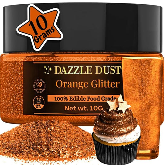 Dazzle Dust Edible Glitter Sprinkles for Cake Decorating, Drinks, Cookie, Icing, Dessert Decorations, Sparkly Luster, Food-Grade, Vegan, Gluten Free, Kosher, Bulk 10g, Orange