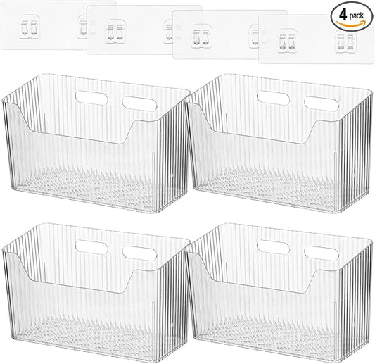 4 Pcs Plastic Wall Mount Organizer Bins - Self Adhesive Inside Cabinet Door Storage for Cosmetics Toiletries, Wall Organization Containers for Kitchen Bathroom Office, 7.9 x 3.5 x 5.7 in