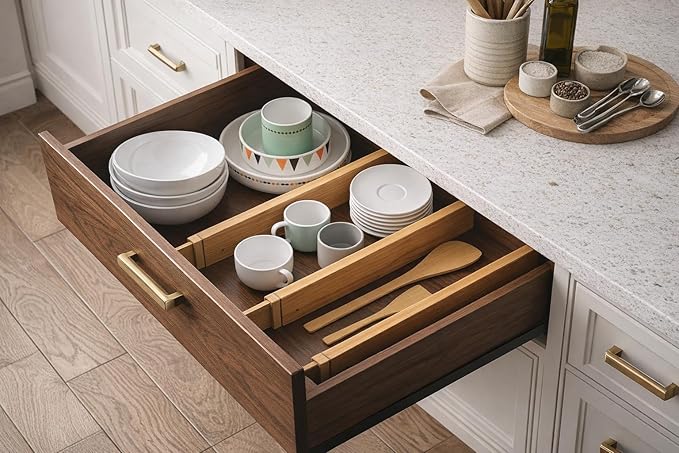 Bamboo Adjustable Drawer Divider, Expandable Drawer Organizer Insert, Non Slip Kitchen Utensil Closet Storage Separator (Natural)