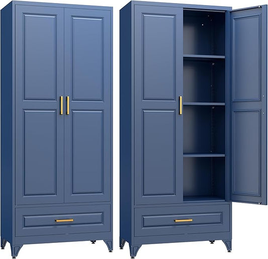 75" Kitchen Pantry Cabinet with Drawer, Metal Storage Cabinets with Doors and 4 Adjustable Shelves,Blue Kitchen Cabinet with 2 Gold Handles,Food Cupboard for Livingroom,Pantry, Bathroom