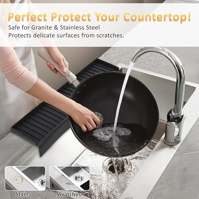 AyNirser Sink Edge Protector with Suction Cup 4"x20", Silicone Sink Splash Guard for Kitchen & Bathroom, Protect Countertop from Scratches, Stains, for Stainless Steel Granite Quartz-Black