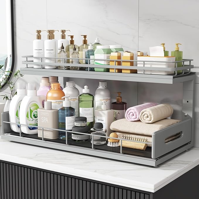 2 Pack 21 in Depth Pull Out Cabinet Storage with Smooth Rails,2-Tier Dual Pull Out Cabinet Storage for Bathroom Kitchen,Under Sink Shelf-Gun Gray