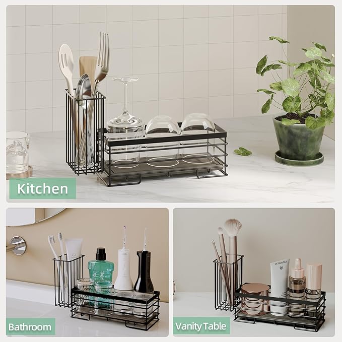 Sponge Holder for Kitchen Sink, Sink Caddy with Instant Drying Mat & Hook, Rustproof Waterproof Stainless Steel Kitchen Organizer, Soap Dispenser Storage (Black, 9.25"x3.7"x5.5")