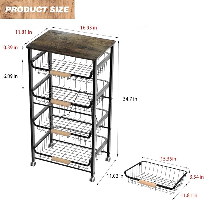 5-Tier Kitchen Rolling Utility Cart Storage with Wheels&Wood Top,Pull-Out Hollow Metal Basket Stand for Fruit Potato Onion Vegetable Snack Produce,Black