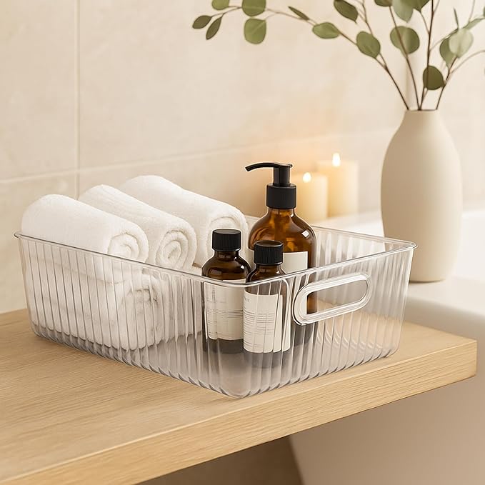 Oggi Clear Fluted Storage Bin with Handle - Durable Plastic Organizer for Fridge, Pantry, Cabinets & Countertop, Modern Farmhouse Style, Ideal for Kitchen Organization and Storage, 13.5" x 9.7"