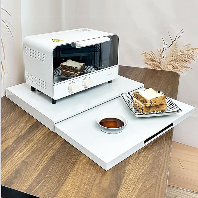 Microwave Countertop Stand, Carbon Steel Pull-Out Retractable Organizer for Microwaves, Coffee Station & Kitchen Appliance Storage Extendable Shelf, White