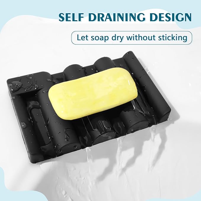 Silicone Soap Dish,Self Draining Soap Holder Perfect for Shower,Bathroom Sink,Kitchen Sink & Travel,Non-Slip Bar Soap Holder Extend Soap Life,Keep Soap Bars Dry Clean (Black-1Pcs)