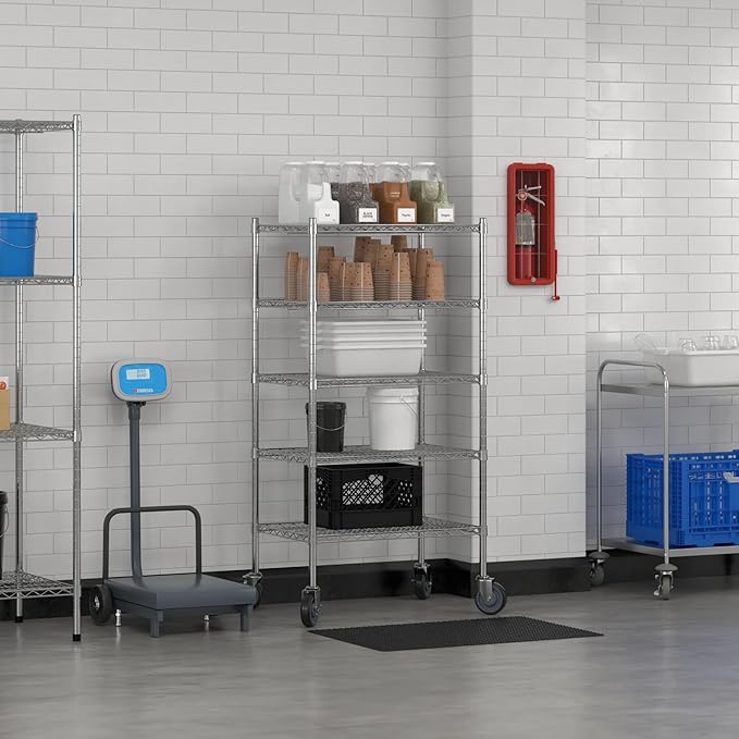 Commercial NSF Listed Chrome Mobile Wire Shelving Kit 21" x 30" x 60", with 5 Shelves Perfect for Warehouse, Walk-in Refrigerator, Freezer, Grocery Store, Restaurant, Dishroom
