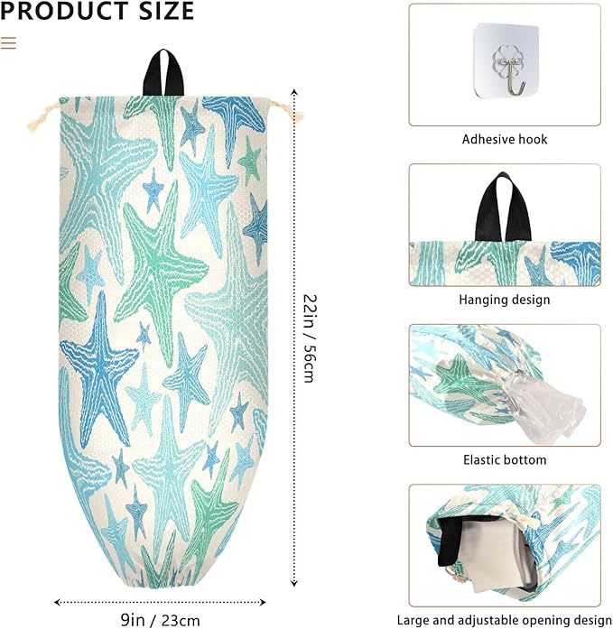Pattern Of Starfish Plastic Bag Holder Kitchen Storage Accessories Grocery Bag Storage Durable Plastic Bag Organizer with Hanging Loop 2 Pack