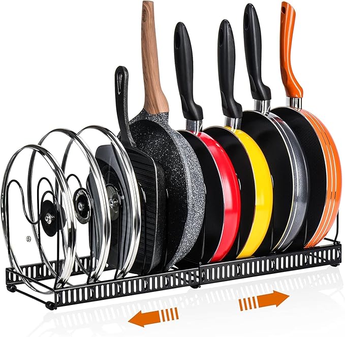 Expandable Cutting Board Organizer Rack for Cabinet, Bakeware and Cookie Sheet Storage Holder with 10 Adjustable Dividers, Heavy Duty Kitchen Cabinet Organizer, Black