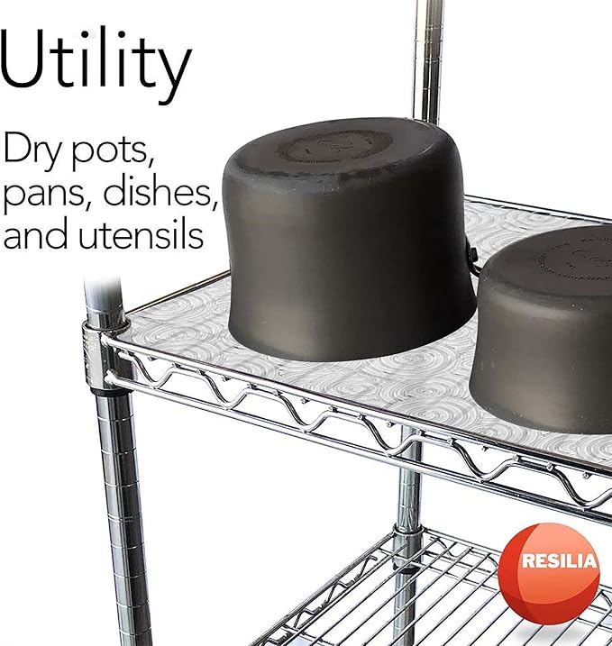 RESILIA Shelf Liner Set for Wire Shelving Units – 4 Pack, 18 Inches x 48 Inches, Clear Swirl Spiral Pattern, Anti-Slip, Heavy Duty, Made in The USA, for Kitchen, Bathroom, Garage Storage, Made in USA