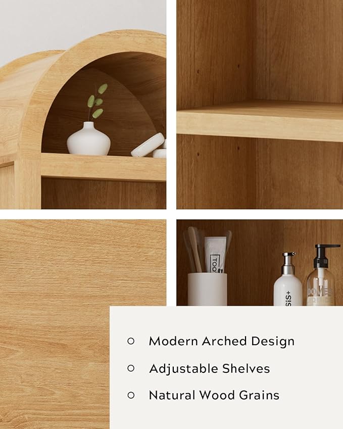 Arched Tall Cabinet 67", Adjustable Shelf Bathroom Storage with Door & Drawer, Set of 2 Narrow Farmhouse Pantry Cabinet for Kitchen, Study Room, Hallway, Easy Assembly - Natural Oak