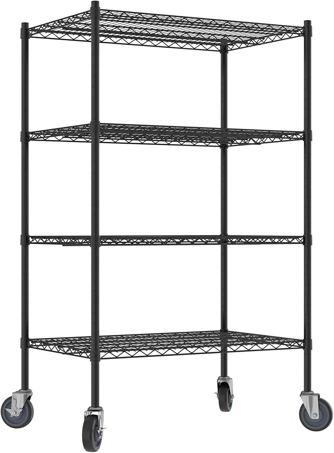 Commercial NSF Listed Black Epoxy Mobile Wire Shelving Kit 24" x 36" x 60", with 4 Shelves Perfect for Warehouse, Walk-in Refrigerator, Freezer, Grocery Store, Restaurant, Dishroom