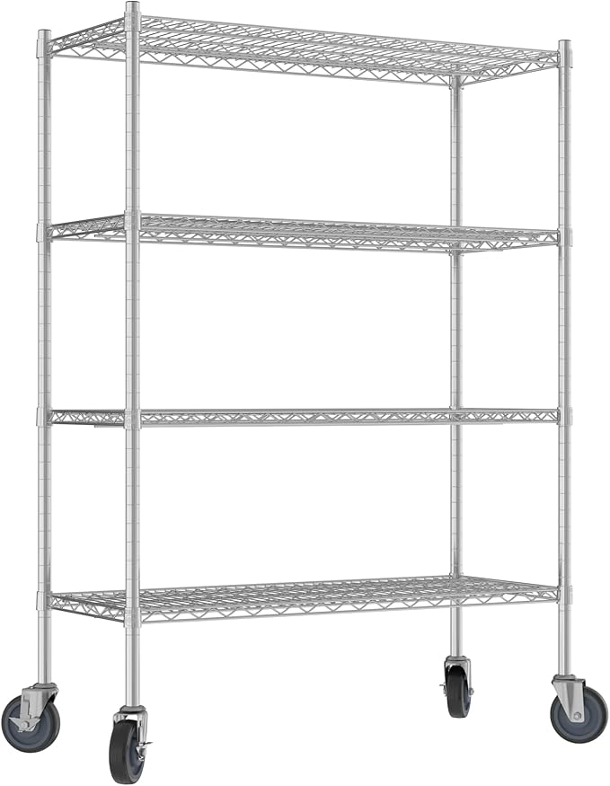 Commercial NSF Listed Chrome Mobile Wire Shelving Kit 18" x 42" x 60", with 4 Shelves Perfect for Warehouse, Walk-in Refrigerator, Freezer, Grocery Store, Restaurant, Dishroom