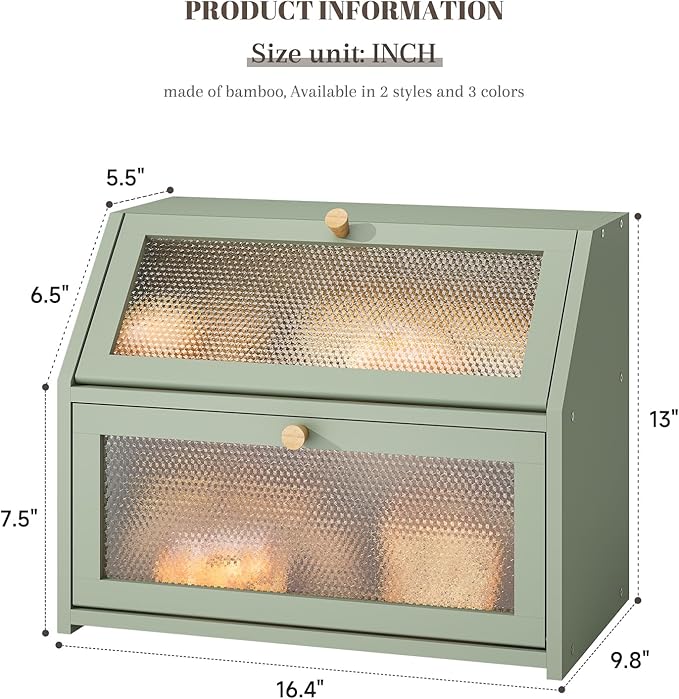 Bread Box for Kitchen Countertop Bin Double Layer Bread Box Storage Container Extra Large Capacity Farmhouse with Diamond Pattern Windows (Green, Large)