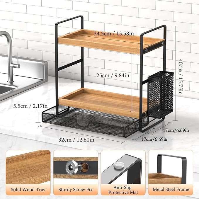 2 Tier Spice Rack Organizer for Countertop with Drawer and Basket, Suitable for Coffee Organizer, Kitchen Counter Storage, Bathroom Storage