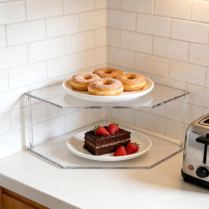 Acrylic Corner Shelf (2 Pack), 2 Tier Acrylic Plate Organizer for Cabinet & Countertop, Pantry Dish and Spice Rack for Kitchen Storage