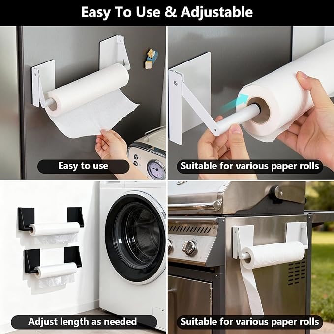Magnetic Adjustable Paper Towel Holder,Upgrade Heavy Duty Steel with Strong Magnet for Refrigerator,Grill,Kitchen,Garage - Holds Large Rolls,White(2 Pack)