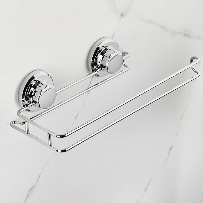 HASKO Suction Cup Paper Towel Holder, Wall Mount Metal Organizer for Bathroom & Kitchen, SUS 304 Stainless Steel Tissue Roll Hanger, Includes Optional No Drill Adhesive Mount, Silver