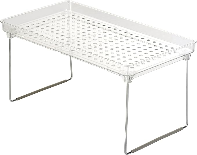 madesmart Medium Stacking Shelf, Organizer for Spices, Make-Up, Bottles & Jars, Collapsible Legs for Cabinet or Counter Storage, Clear