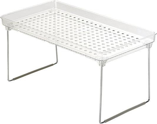 madesmart Medium Stacking Shelf, Organizer for Spices, Make-Up, Bottles & Jars, Collapsible Legs for Cabinet or Counter Storage, Clear