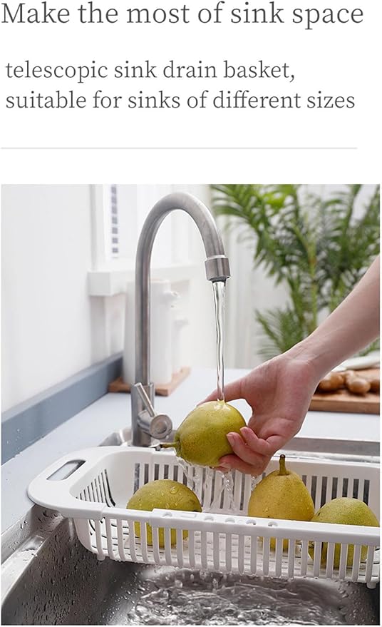 Adjustable Dish Drainer Dish Rack Over The Sink,Drying Rack, Extendable Vegetable Fruit Washing Basket, Collapsible Strainer Basket,Plastics(Grey+White)