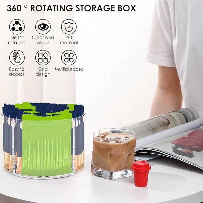 Drinks Packet Organizer, Lazy Susan Rotating Storage, Clear Flavor Packet Holder, 4 Compartments, Transparent, 360 Rotation