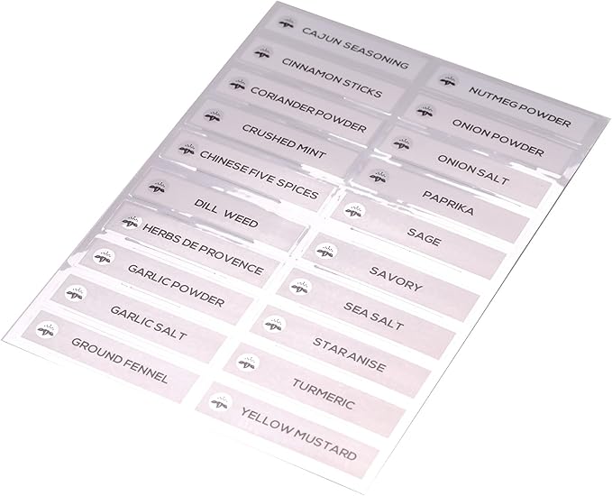 Orii Spice Labels - 40 Preprinted + 20 Blank Labels | Kitchen Jar Label Combo Tags for Pantry Ingredients and Spice Rack Organization, Silver/White (60 Labels)