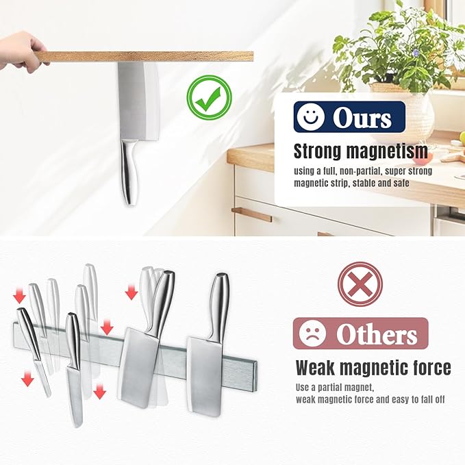 Dmore magnetic knife holder for wall—with 10 hooks, No Drilling 17 Inch Wood knife magnetic strip, Extra Strong Magnet knife rack, include Adhesive Tape and screws for Knives and Tools