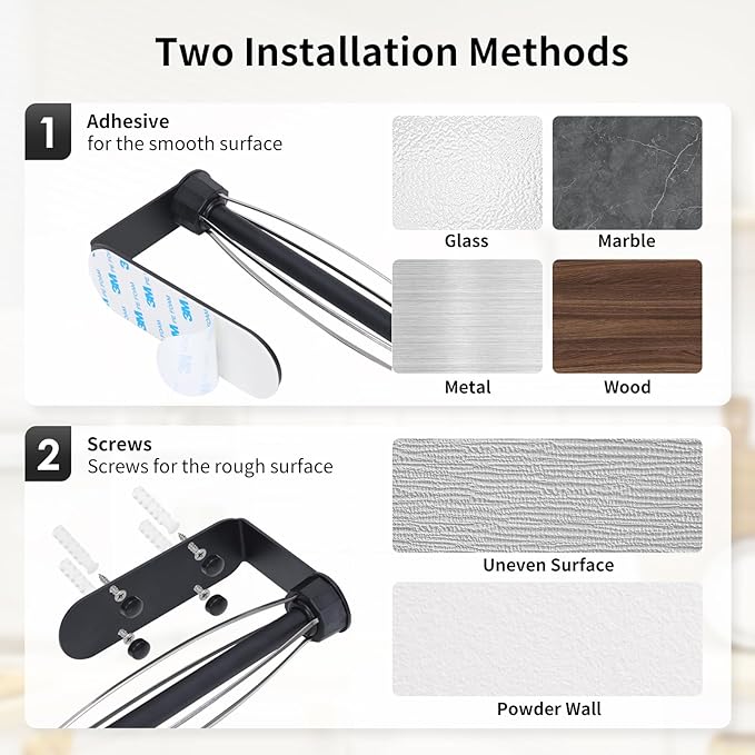 Fixwal Paper Towel Holder Under Cabinet, Single Hand Operable Wall Mount Paper Towel Holder with Damping Effect, Bend-Resistant, Self-Adhesive or Drill Mounting for Kitchen Bathroom, Black