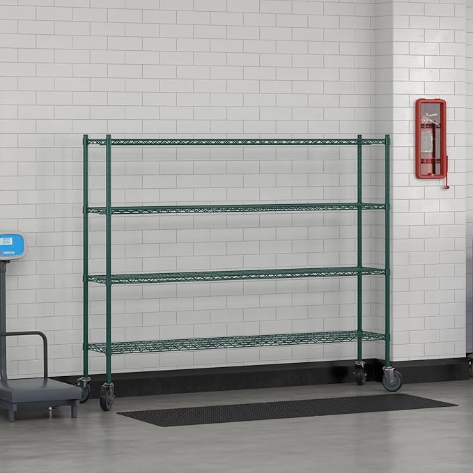 Commercial NSF Listed Green Epoxy Mobile Wire Shelving Kit 14" x 72" x 60", with 4 Shelves Perfect for Warehouse, Walk-in Refrigerator, Freezer, Grocery Store, Restaurant, Dishroom