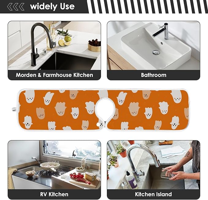 2 PCS Kitchen Sink Splash Guard 30 Inch Faucet Mat for Kitchen Sink Bathroom Sink Faucet Absorbing Drip Drain Mat Pad Microfiber Soft Washable Halloween Orange Blue Ghosts