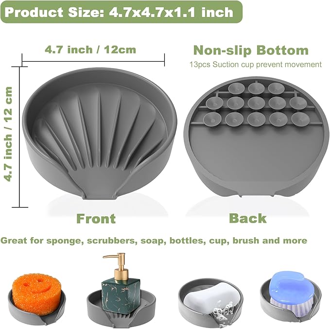 Self Draining Soap Dish, Silicone Soap Holder with Suction Cup and Drain Spout, Kitchen Bathroom Sink Organizer, Dish Soap Bar Tray Savers Sponge Holder, Perfect for Dispenser, Scrubber, Bottle, Cup