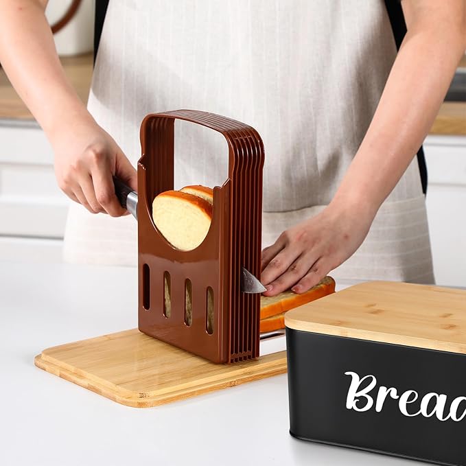 2 Pcs Extra Large Bread Box with Slicer, Metal Farmhouse Bread Storage Container with Bamboo Cutting Board Lids Multi-size Breadbox Set for Kitchen Countertop(Black)