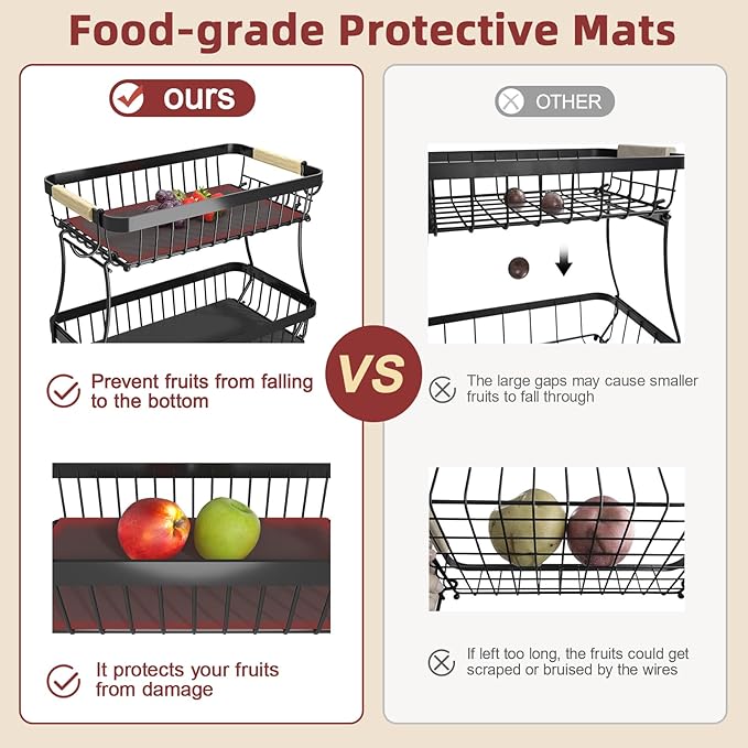 2 Tier Large Fruit Basket for Kitchen Counter with 2 Mobile Banana Hangers, 2026 Pro Detachable Metal Fruit Bowl with Wooden Handle, Fruit Holder for Bread Snack Veggies with Protective Mats