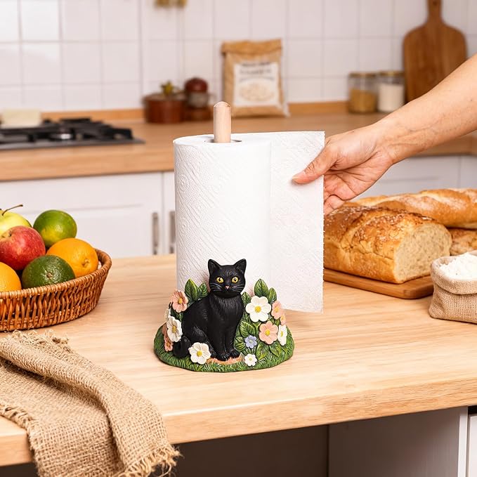 WAIT FLY Black Cat and Flower Paper Towel Holder Stand Resin Tissue Stand Roll Holder for Kitchen Countertop Restaurant Cafe