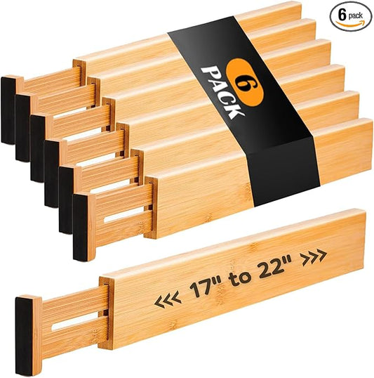 Bamboo Drawer Dividers, Adjustable Organizers, 17-22 Inch Expandable, Natural Wood, Pack of 6