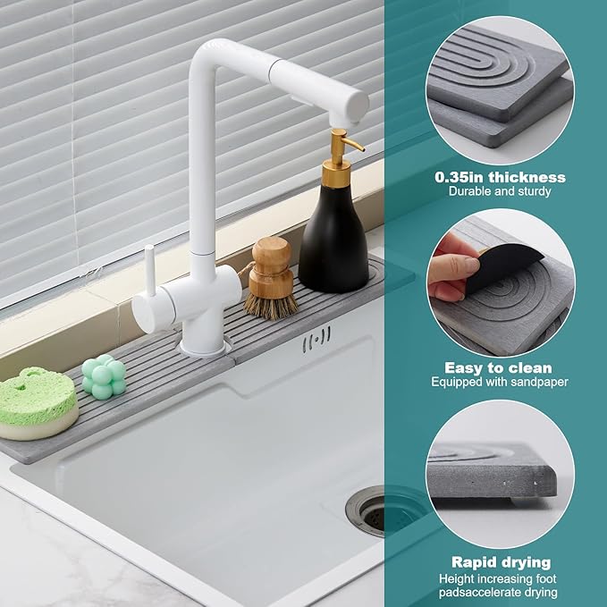 ODE TO ORDER Stone Faucet Mat for Kitchen Sink Bathroom Counter, 23.6 Inch Light Grey Diatomite Water-Absorbing Drying Stone Mat, Sink Stone Tray Protector,Prevent Moisture Sink Splash Guard