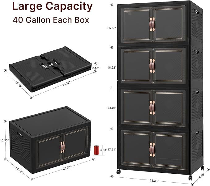VNVTO 1280Qt Stackable Storage Bins with Lids, 8 Pack Large Collapsible Bins with Wheels, Plastic Cabinet with Doors, Foldable Closet Organizers and Storage for Home, Dorm, Office, Black