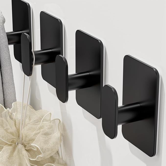 Eowihor Heavy Duty Self Adhesive Hooks - 26lb Max, Sticky Wall Hooks Stainless Steel for Hanging Towel, Coat, Robe, Waterproof & Rustproof Hooks Stick on Bathroom, Shower, Kitchen (Black, 4 Pack)