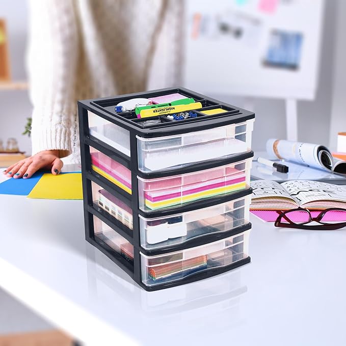 Gracious Living 4 Drawer Desktop & Countertop Organizer w/Organization Lid for Craft Storage, Office Supplies & School Supplies, Black/Clear (4 Pack)
