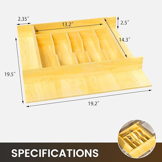 Silverware Drawer Organizer Wood with Adjustable Partition for Kitchen Utensil Cutlery Flatware Cabinet Storage Compartment Tray Insert with Dividers (19.2" W x 19.5" D x 2.5" H)