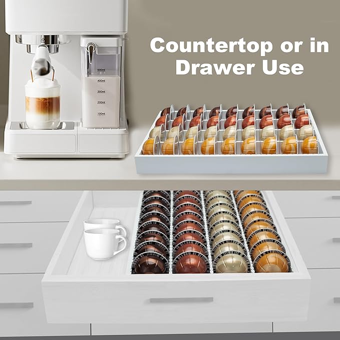 MinBoo Bamboo Coffee Pod Storage Holder Drawer Insert for Counter Compatible with Vertuoline Capsules for Kitchen, Home, Office, Coffee Station,white
